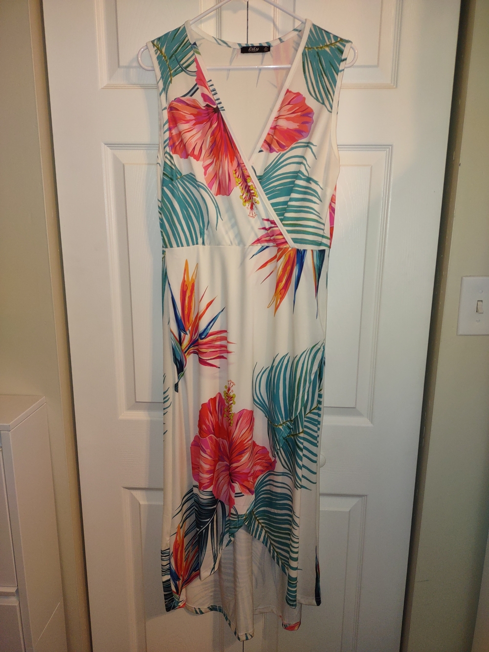 Tropical Floral V-Neck Maxi Dress - White with Teal & Coral